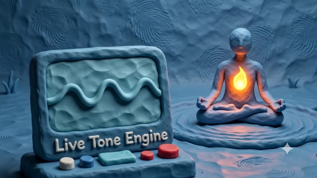 A clay monitor labelled Live Tone Engine showing a moulded waveform, beside the glowing clay figure