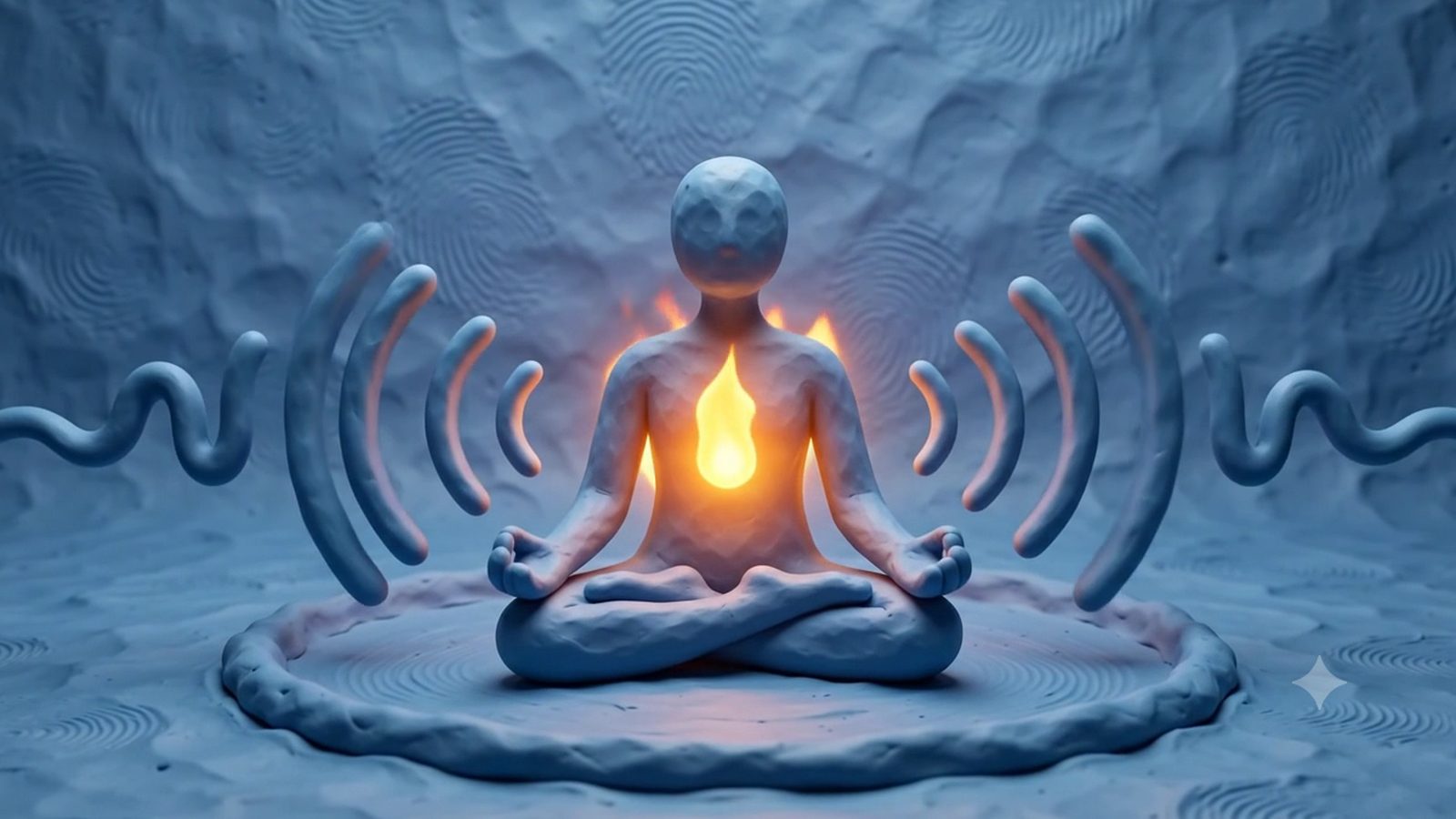 A figure moulded from blue clay sits cross-legged, a warm light glowing at the centre of the chest, with clay sound waves rippling outward