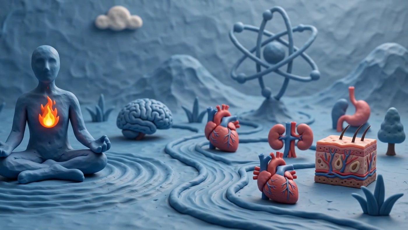 Clay models of a brain, heart, kidneys and a cross-section of skin arranged on rippled blue ground, with a clay atom behind them